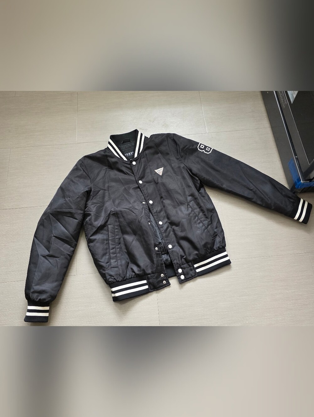 Guess Black Varsity Bomber Jacket with White Stripe Trim XL